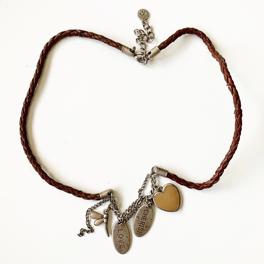 Boho brown leather Love & Cherish charm necklace